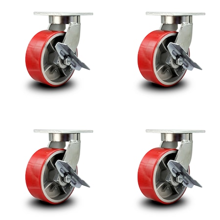 Service Caster 8 Inch Heavy Duty Red Poly on Cast Iron Swivel Caster Set with Brakes, 4PK SCC-KP92S830-PUR-RS-SLB-4
